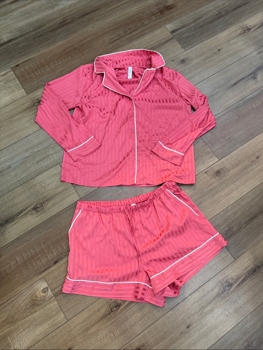 Coral Pink Satin like Pajama Set with White Piping